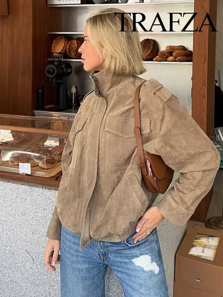 TRAFZA Womens New Fashion Long Sleeves Jackets Solid Turtleneck Pocket Decoration Zipper Female Autumn High Street Coats Z250918