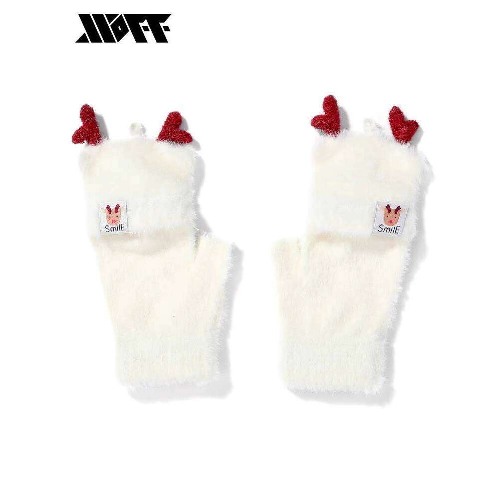 XXOFF Deer Ear Embroidered Label Button Half-Finger Flip Dual-Use Plush Women's Gloves Female Style