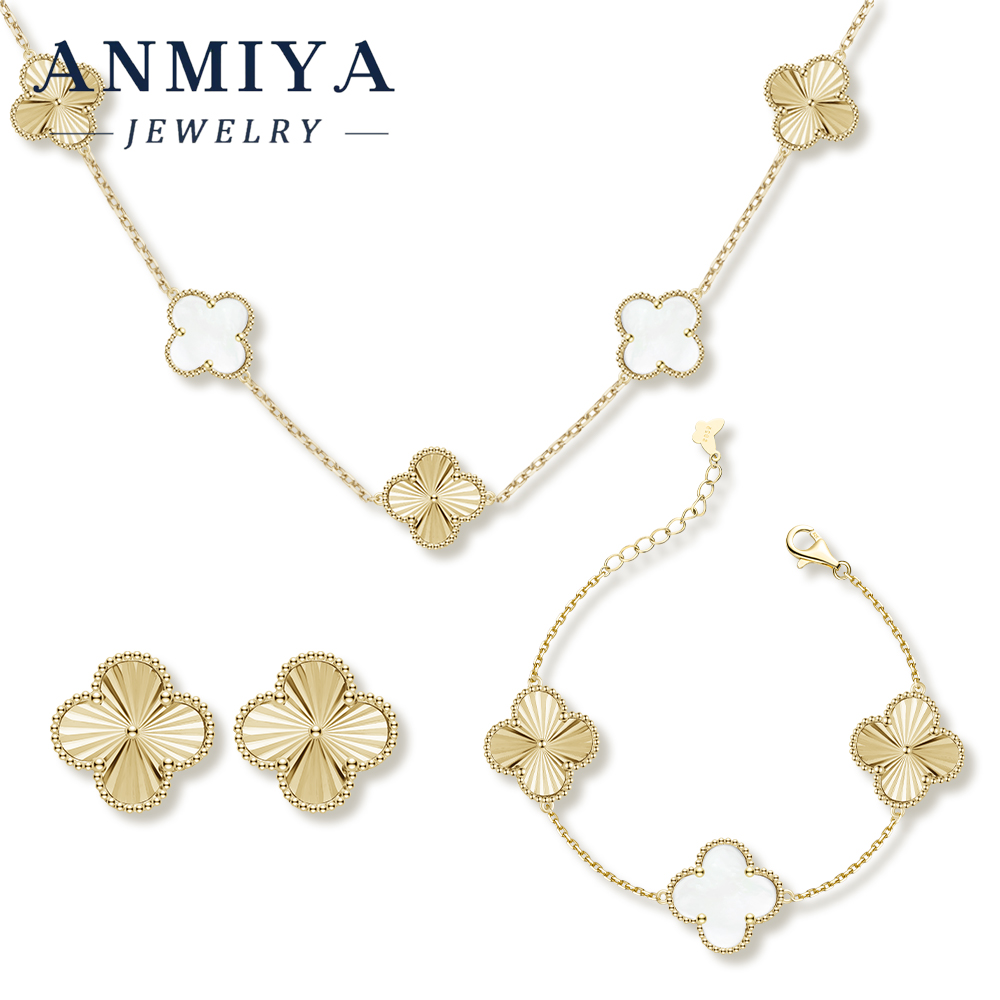 Luxury 925 Sterling Silver Set for Women, Clover Necklace Bracelet Earring Set, Premium Finish, Perfect Gift Set