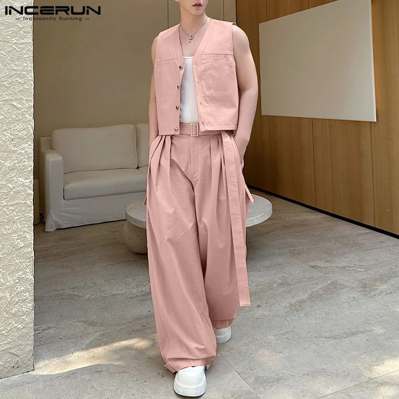 Men Sets Solid Color V Neck Sleeveless Vests Pleated Pants Two Pieces Sets Streetwear Loose 2025 Mens Casual Suits INCERUN 250916