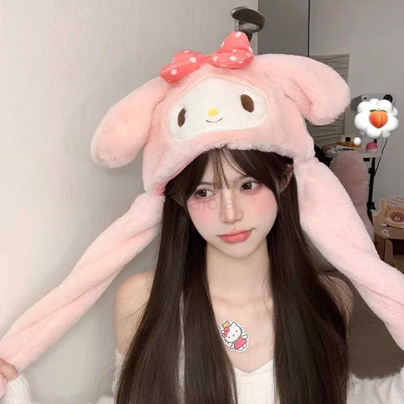 Sanrio Kawaii Sanrios Jumping Up Cap Cartoon Cinnamoroll Melody Ear Moving Hat Anime Kuromi Soft Plush Hat Winter Warm Toys Girls Gifts L250919