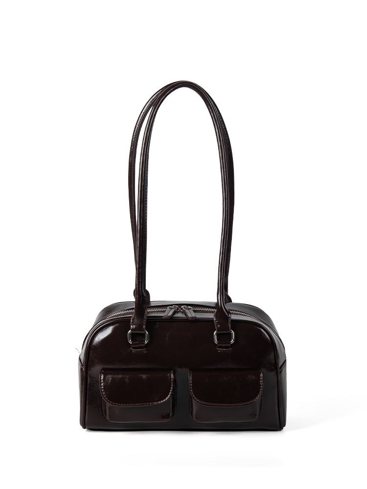 2025 New Korean-Style Niche Ins Textured Oiled Wax Leather Single-Shoulder Underarm For Women Large-Capacity Hand-Held Bowling Bag