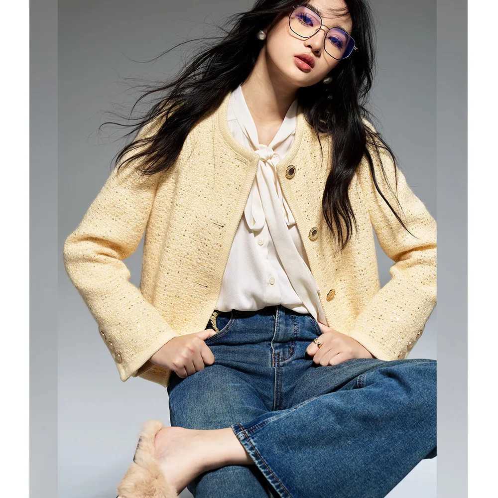 Spring Autumn Yellow Tweed Jacket Wool Beaded Womens Top Coat Z250918