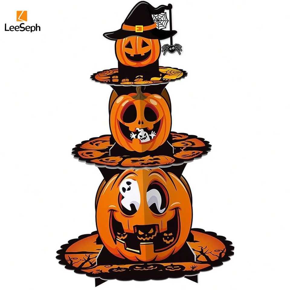 Leeseph Halloween Pumpkin Cardboard Cake Stand Spooky and Fun 3 Tier Cake Holder Easy Assembly Perfect for Showcasing Dessert C250919