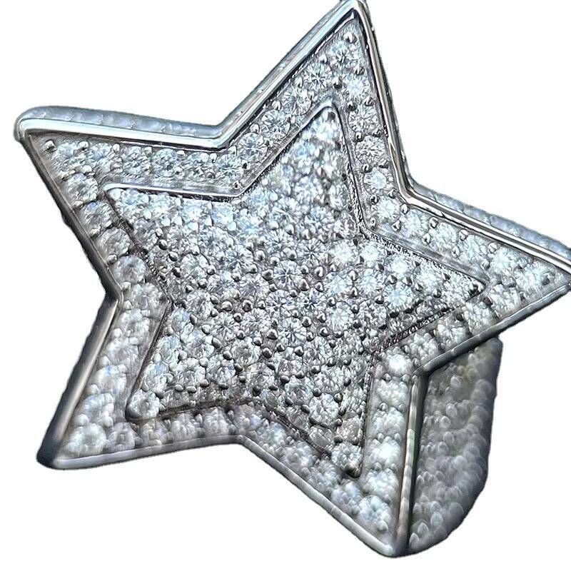 925 Silver Hip Hop Style StarShaped Moissanite Ring 15mm Round Passes Diamond Test