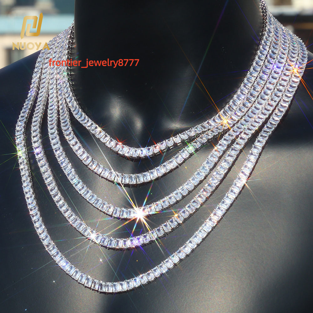 NOUYA Silver Plated Tennis Chain Necklace for Women 6mm Baguette Moissanite Stones Hip Hop Fine Jewelry Tennis Chains