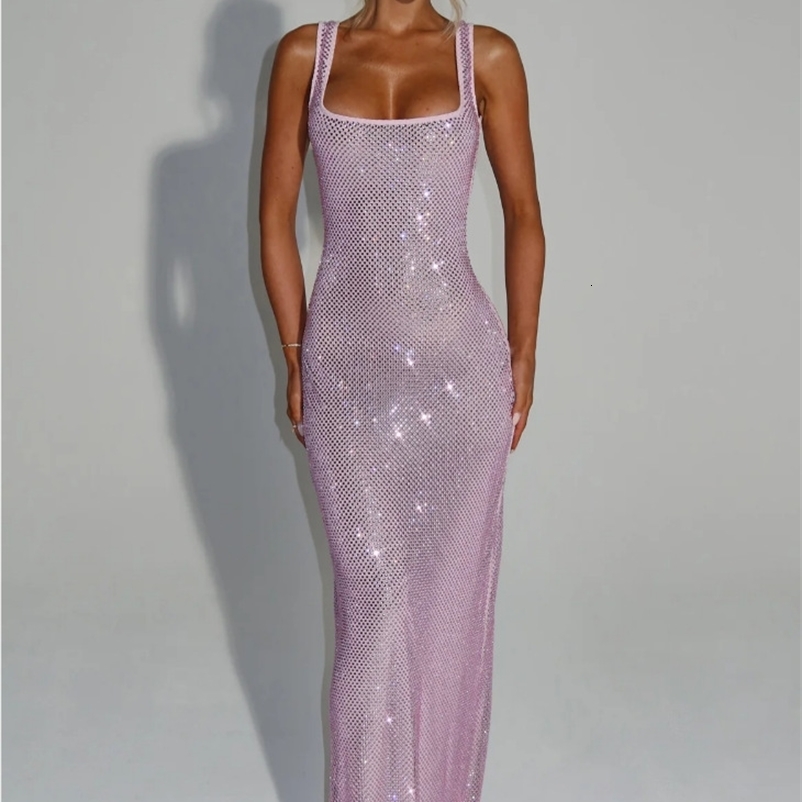 Sequin Mesh Diamond Suspender Dress Woman Slim Backless Sparkling Solid Color Robes Elegant Womens Evening Party Long Dresses 250919