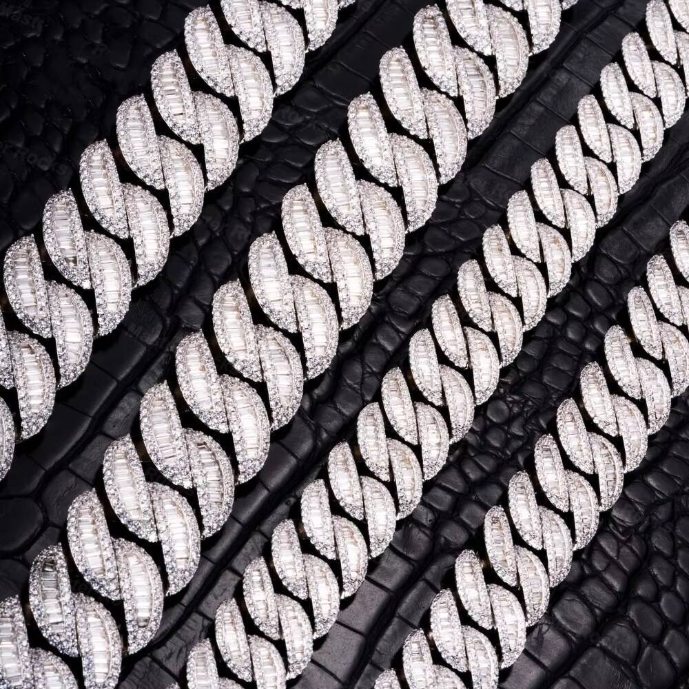 15mm Cuban Link Chain 925 Silver Iced Out Middle Baguette Cut Hiphop Miami VVS Moissanite Cuban Chain