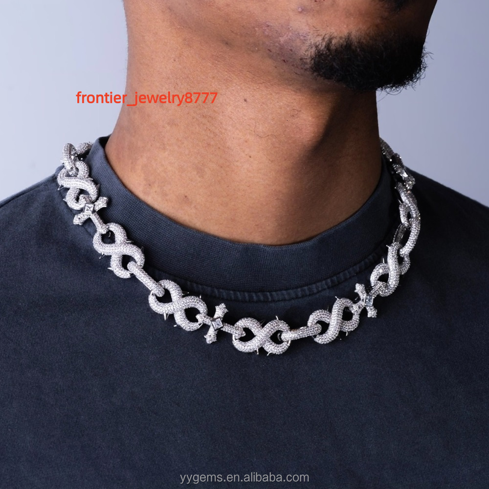 Yu Ying Full Iced Out Moissanite Diamond Sterling Silver Infinity Cross Charms Spikes Cuban Link Necklace Chains for Men