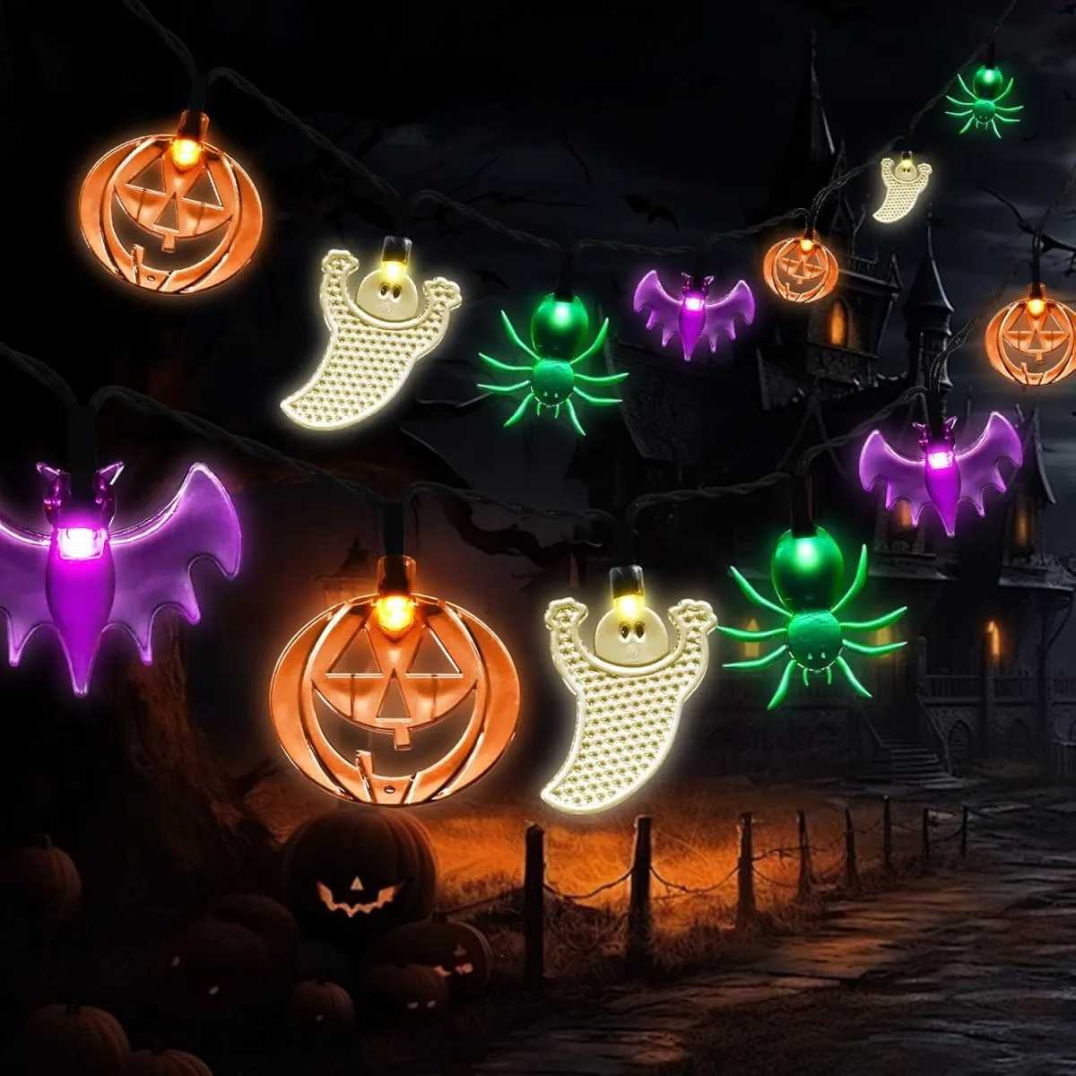 1pc 2030LED Halloween 3D Pumpkin Bat Ghost Spider Solar String Lights With 8 Lighting Mode For Home Garden Halloween Decoration C250919