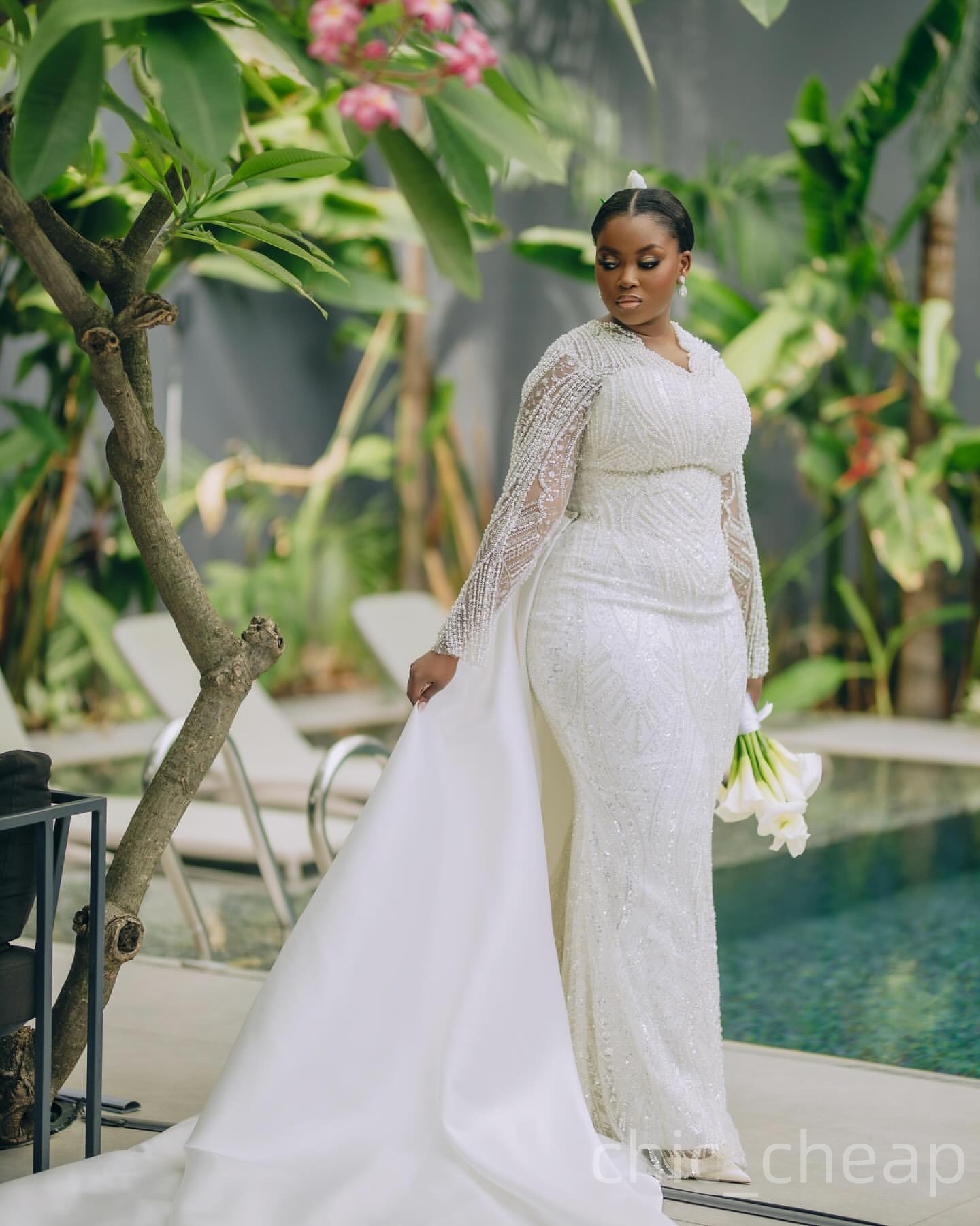2025 Aso Ebi Plus Size Ivory Mermaid Wedding Dress Pearls Beaded Sequined Long Sleeves Luxurious Bridal Gowns Dresses ZJ0468