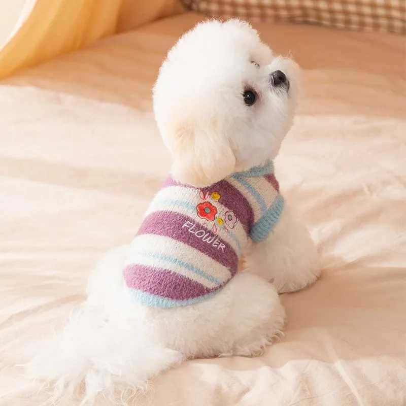 Pet Sweet Sweater Winter Dog Clothes Fresh Floral Stripes Maltese Knit Shirt Teddy Warm Sleeveless Clothes Dog Products S25911