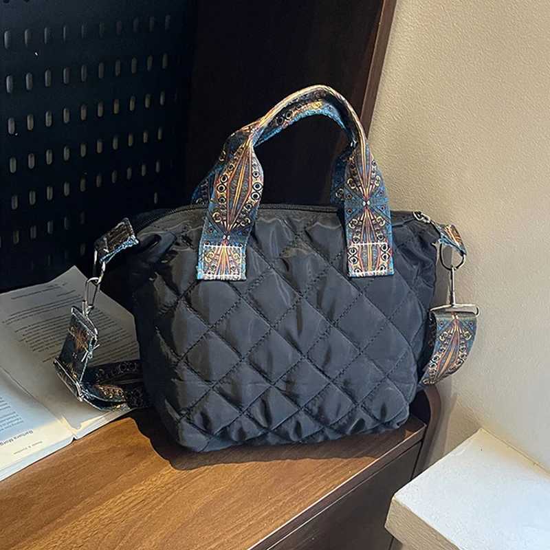 Trendy Womens Quilted Puffer Tote Crossbody Handbag with Wide Shoulder Belt Cotton Padded down Bag Z250915