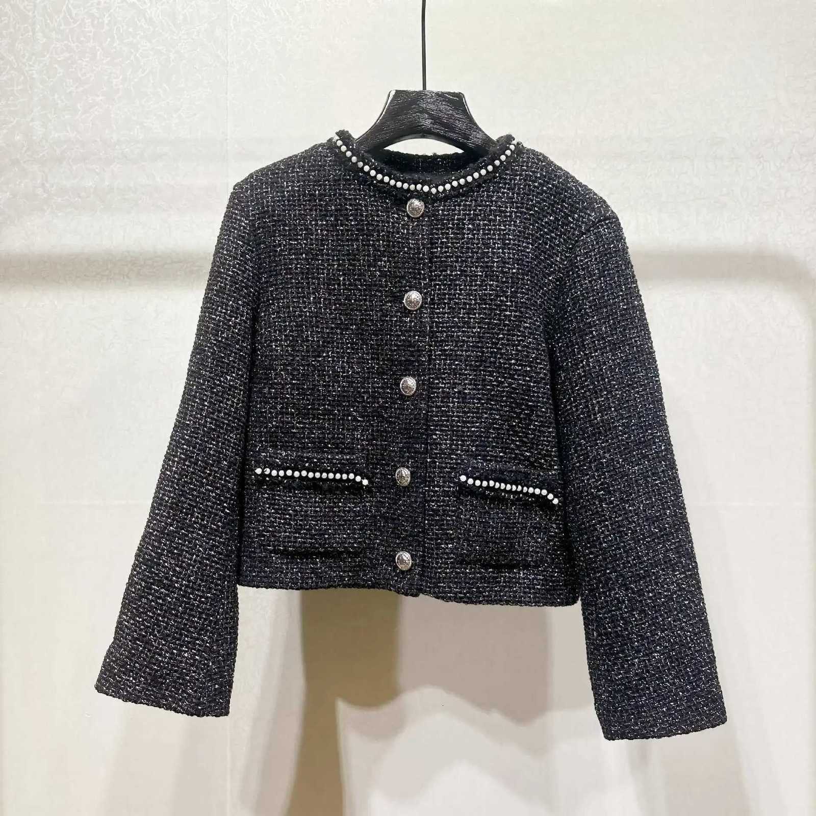 Autumn Winter Womens Pearl Trim Tweed Coat Long Sleeve ONeck Single Breasted Cardigan Female Jacket Z250918