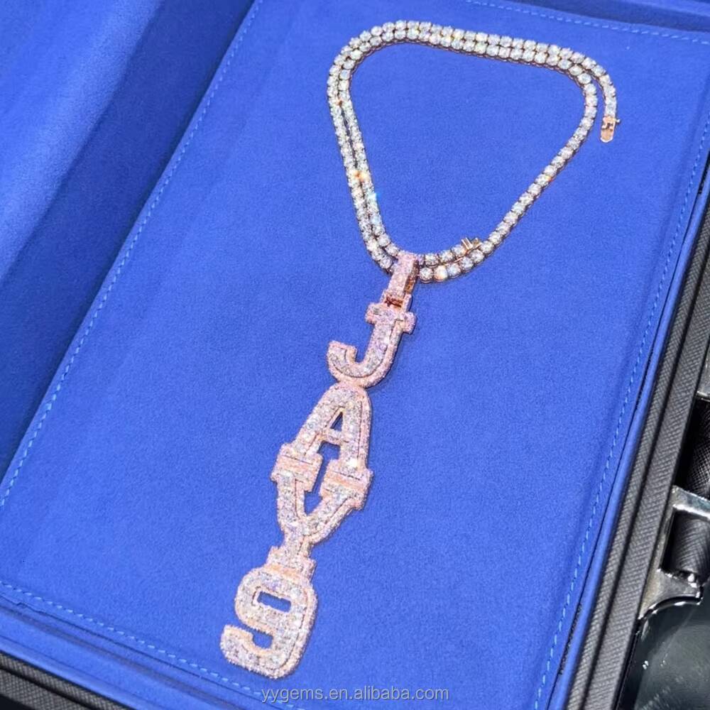 Custom Hip Hop Mens Fashion Vertical Setting Letters 925 Sterling Silver VVS Moissanite Diamond Name Letter Pendant