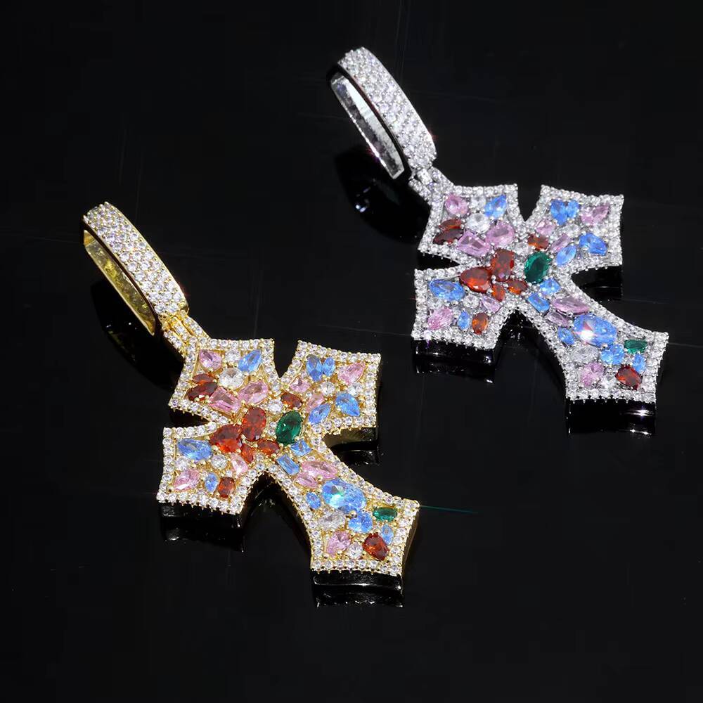 NUOYA Custom Colorful Moissanite Iced Out Cross Pendant for Women High Quality Multi Color Diamond Pendant Hip Hop Rappers Jewelry