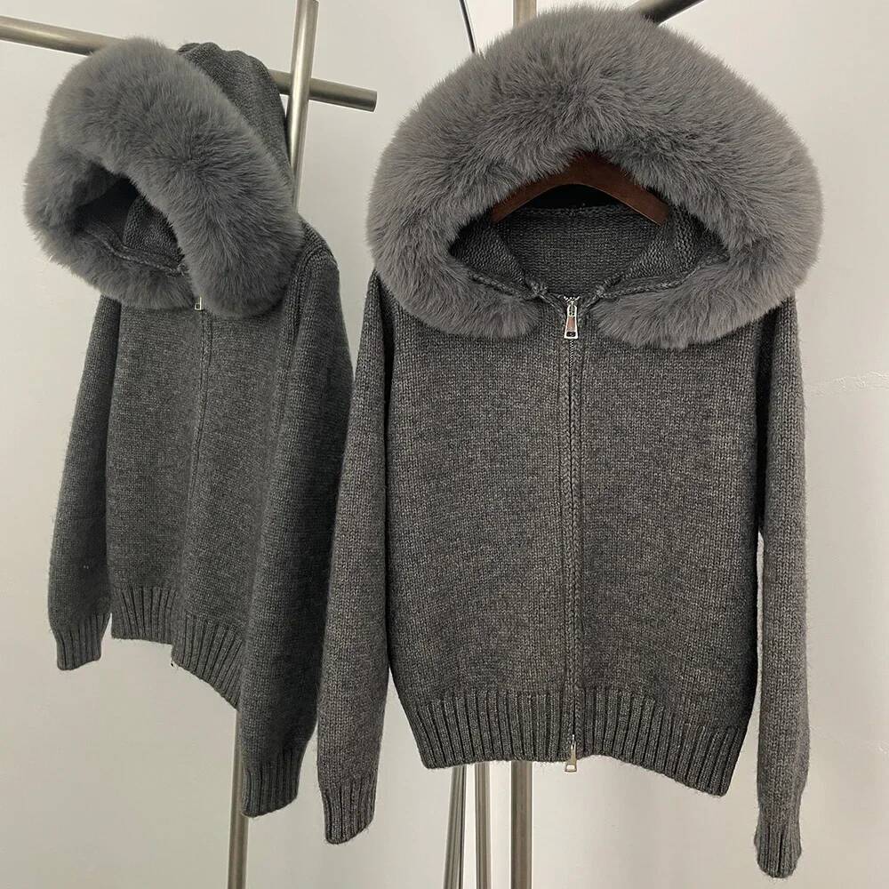 Women Hooded Faux Cardigan Spring Sweater Autumn Female Solid Fake Fur Knitting Coat Loose Knitwear Lady Oversized