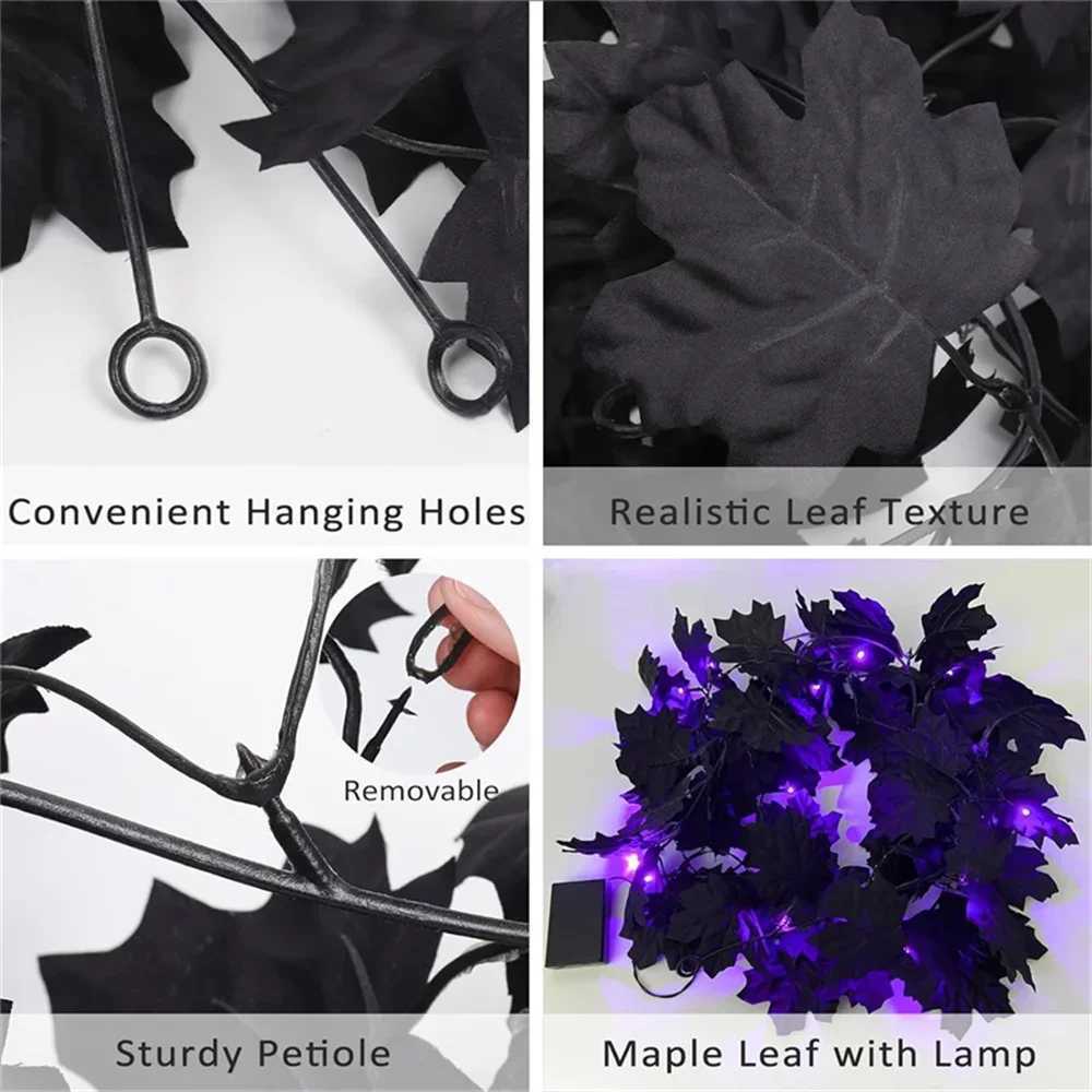 1pc Halloween Garland with Purple Lights Black Leaf Garland Black Artificial Maple Leaves Decor Home Mantle Stairs Indoor C250919