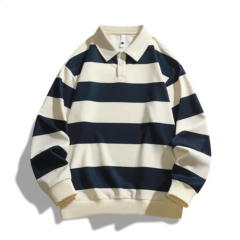 Men Longsleeved Tshirt Autumn Fashion Trend Striped Printing Casual Loose Outdoor Camping Lapel Top Couple POLO Shirt 250919