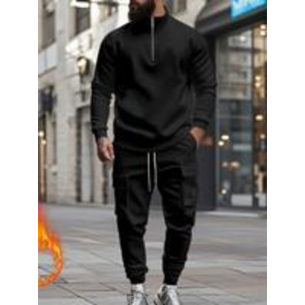 Men's Casual Fleece Lined Fitted Zipper Work Pants Set, Thick Fabric Warm Long Trousers for Fall & Winter, New Arrival Us Style