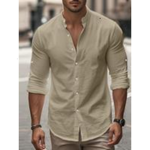 Men's Linen Long Sleeve Shirt, Stand Collar Button Front Breathable Casual Longsleeves Henley Top, Perfect for Spring & Summer Wear, Menswear