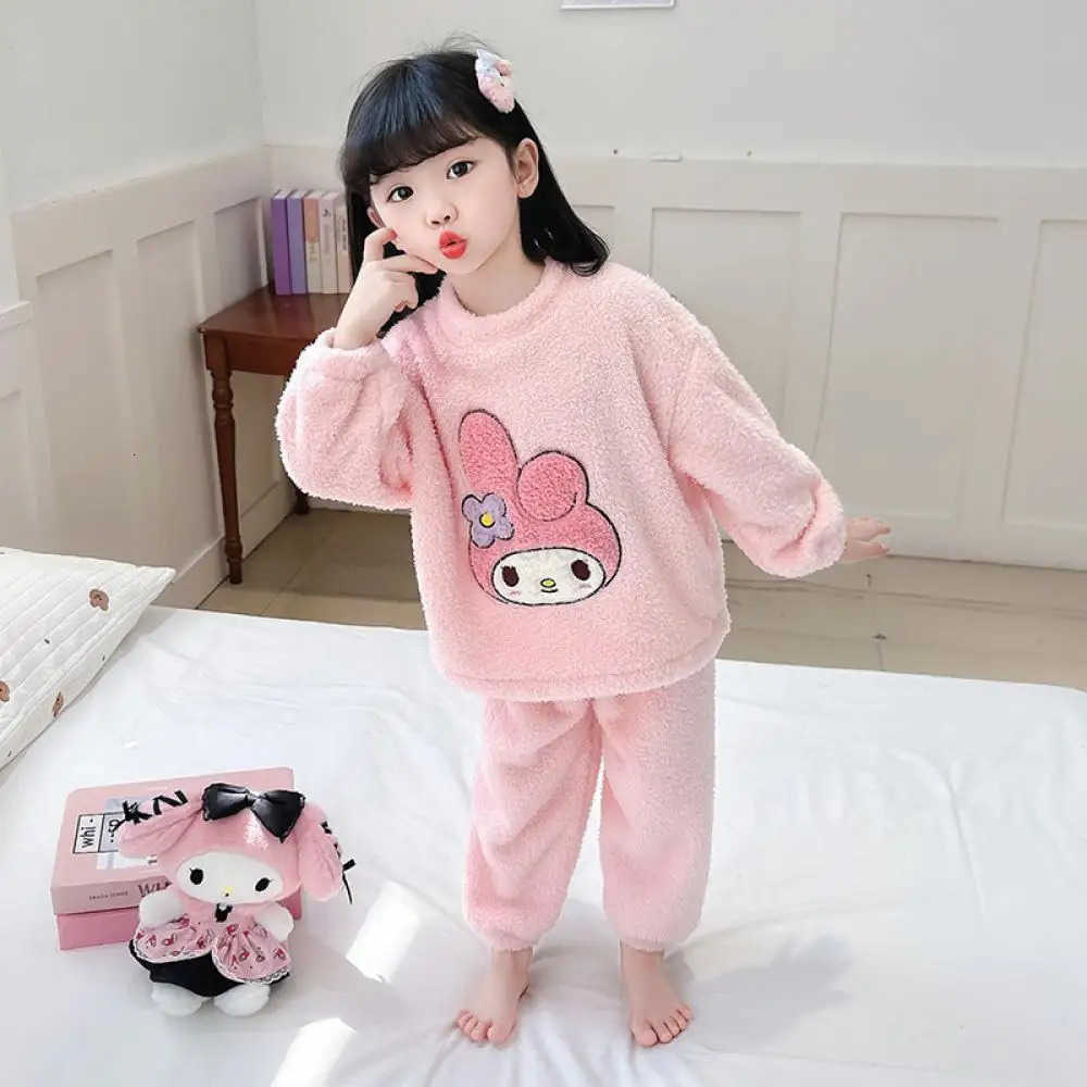Sanrio 2Pcs Kawaii Kuromi Pajamas Kids Hello Kittys Plush Pajamas Anime Autumn Cartoon Girls Cute Flannel Top Pants Warm Home Wear Gift L250919
