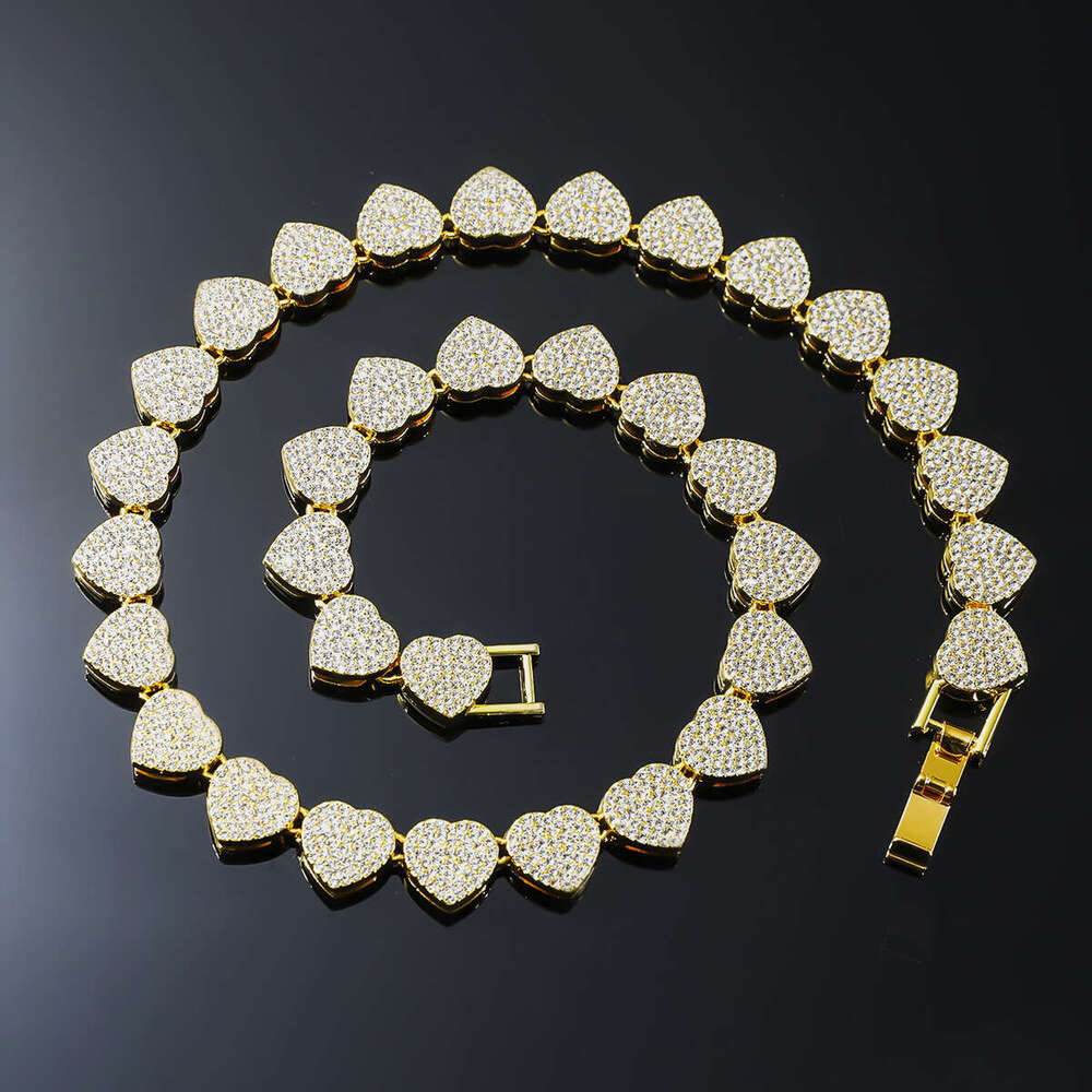 New Heart-Shaped Full Dia Cuban Necklace Hip-Hop Style Bracelet Trendy Men's Punk Jewelry