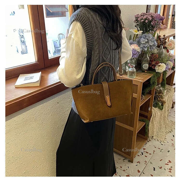 Brown Suede Tote Designer Women Bags Shoulder Handbag Roomy Design & Metal Hardware Bag