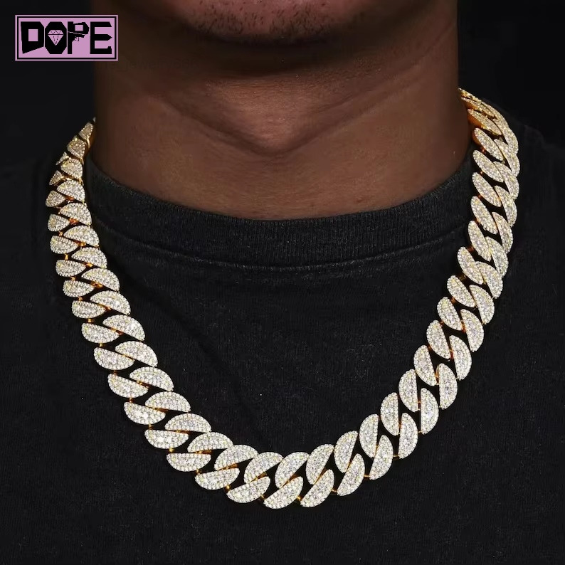 Heavy Cuban Link Chain Miami Moissanite Necklace 925 Silver Round 20mm VVS Iced Out Moissanite Cuban Chain