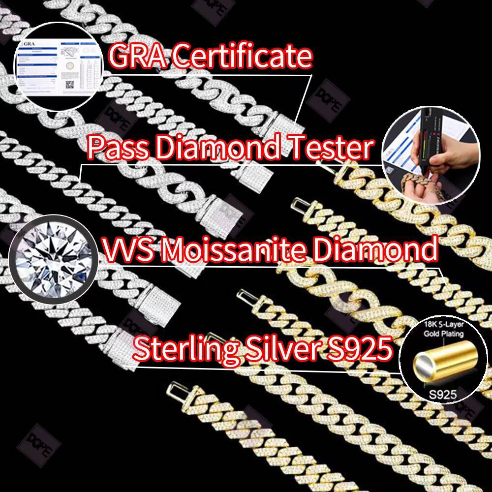 18mm Cuban Link Chain Necklace 925 Silver Hiphop Iced Out VVS Moissanite Cuban Chain