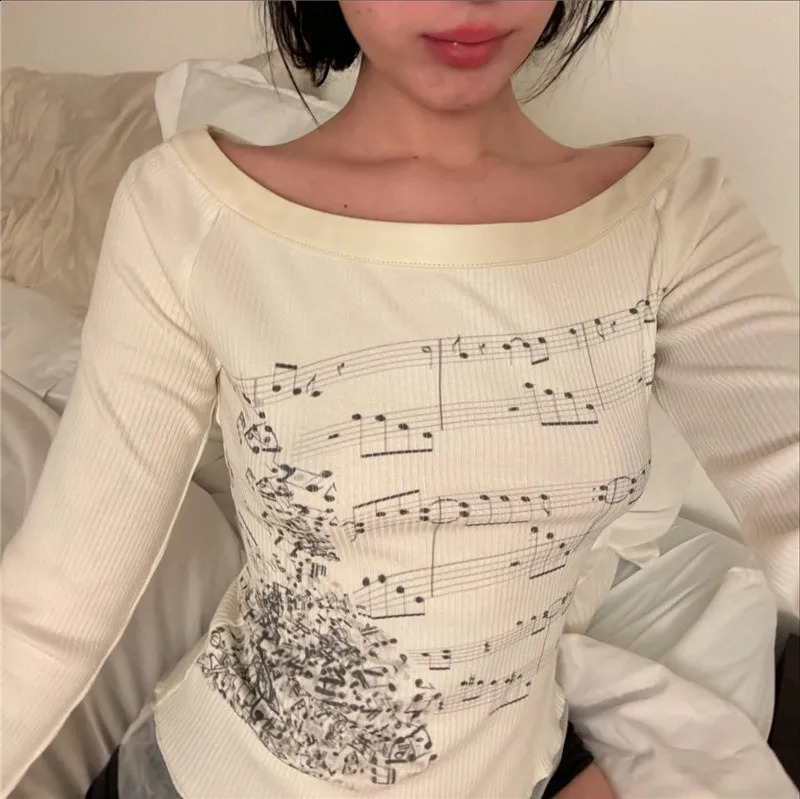 Gaono Womens Off Shoulder Tops Long Sleeve Music Note Print Slim Fitted TShirt Ruffle Blouse Y2K Coquette Streetwear 250919
