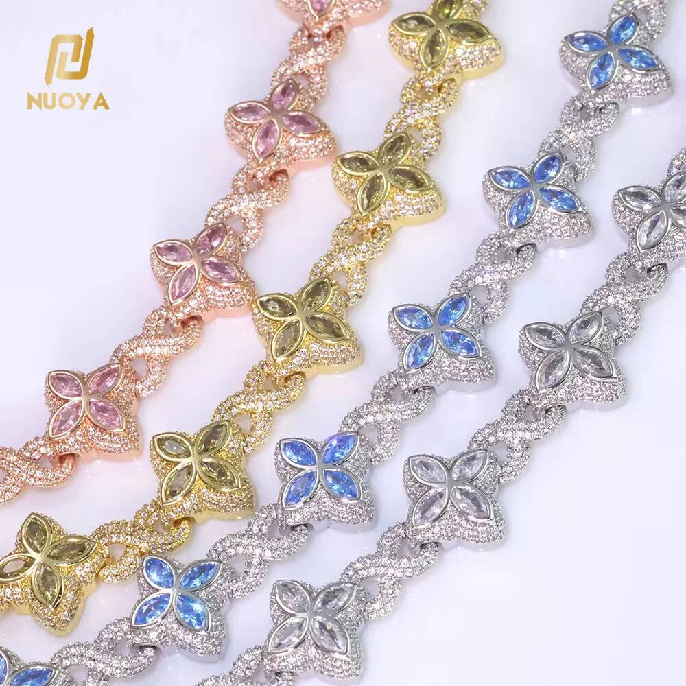 NUOYA Hip Hop Jewelry 8mm Colored Iced Out Diamond Flower Chain Infinite Symbol Chain Four Leaf Clover Necklace for Men Women