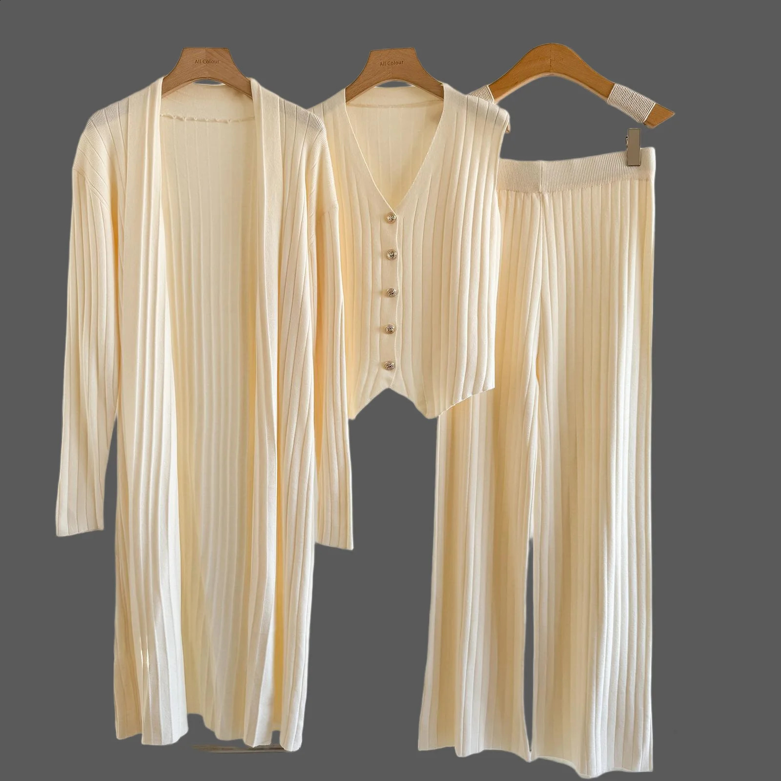 Three Piece Set for Women Autumn Winter Knitted Cardigan Loose Knitted VestLong cardiganWide Leg Pant Soft Tank Top Set 250917