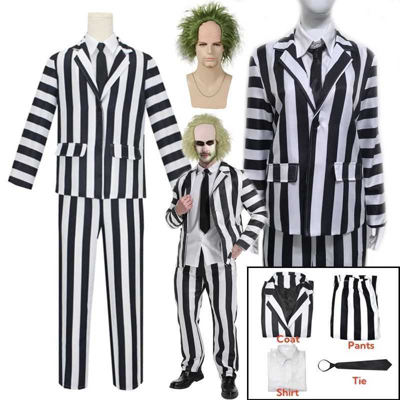 Mens Adult Halloween Costume Black and White Striped Suit Shirt and Tie Scary Costumes Spooky Beetla Halloween Cosplay Outfits L250918