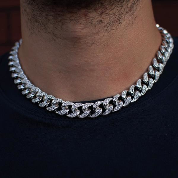 Iced Out Mens Miami Cuban Link Necklace Hip Hop Style with Moissanite Diamond Bling Prong 925 Silver Cuban Chain