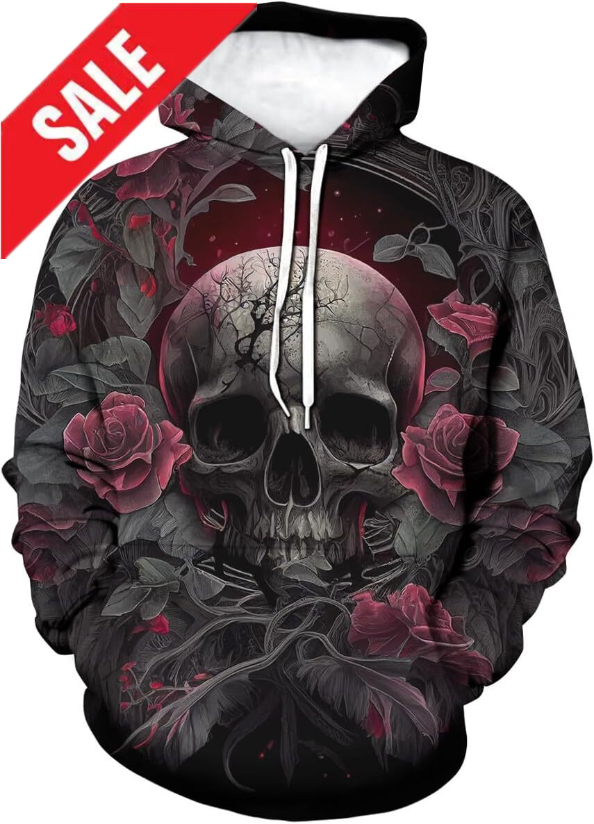 Halloween Hoodie for Mens Womens Rose Skull Printed Hoodie For Men Novelty Graphic Hoodies Fashion Pullover With Pocket Graphic Pullover Long Sleeve 2