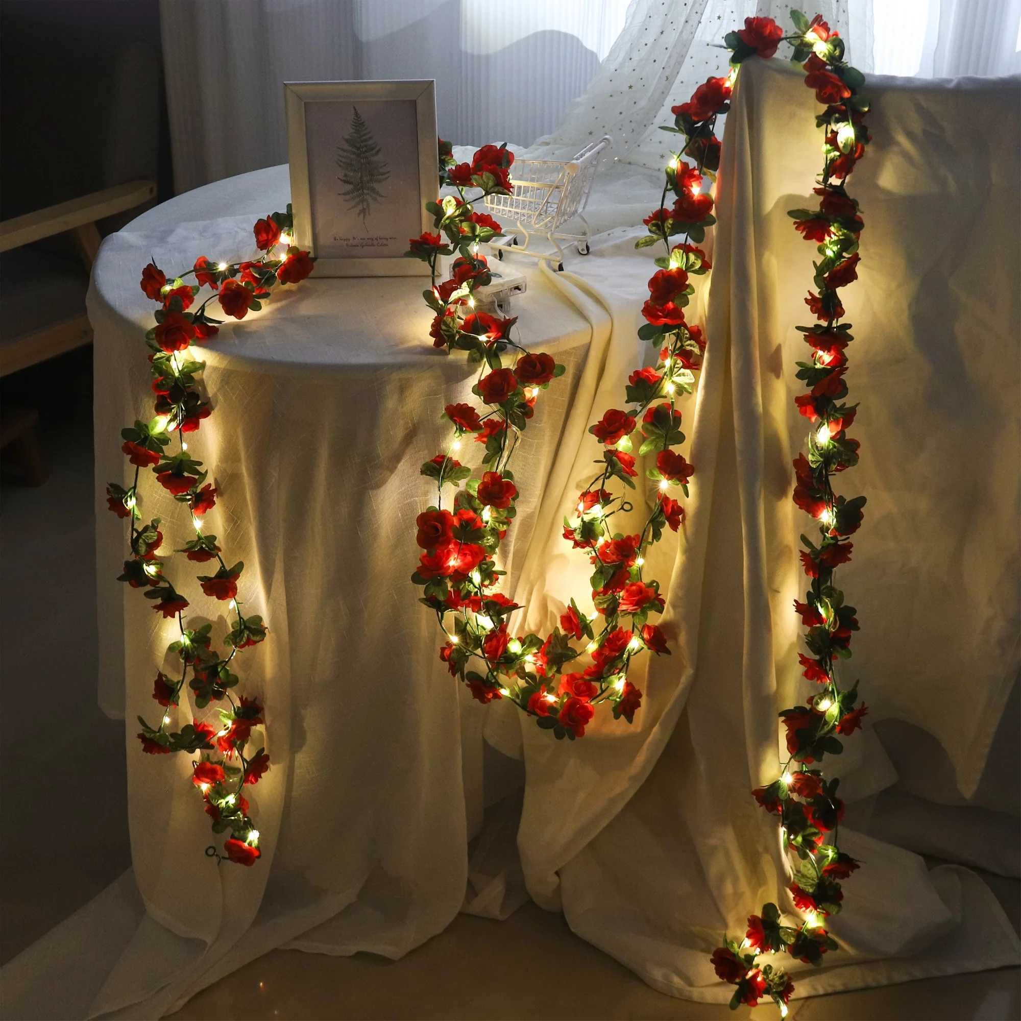 Rose String Lights Artificial Flowers Ivy Leaves LED Fairy Lights Wedding Garland Home Decoration Arch Hanging Wall Garden Decor C250919