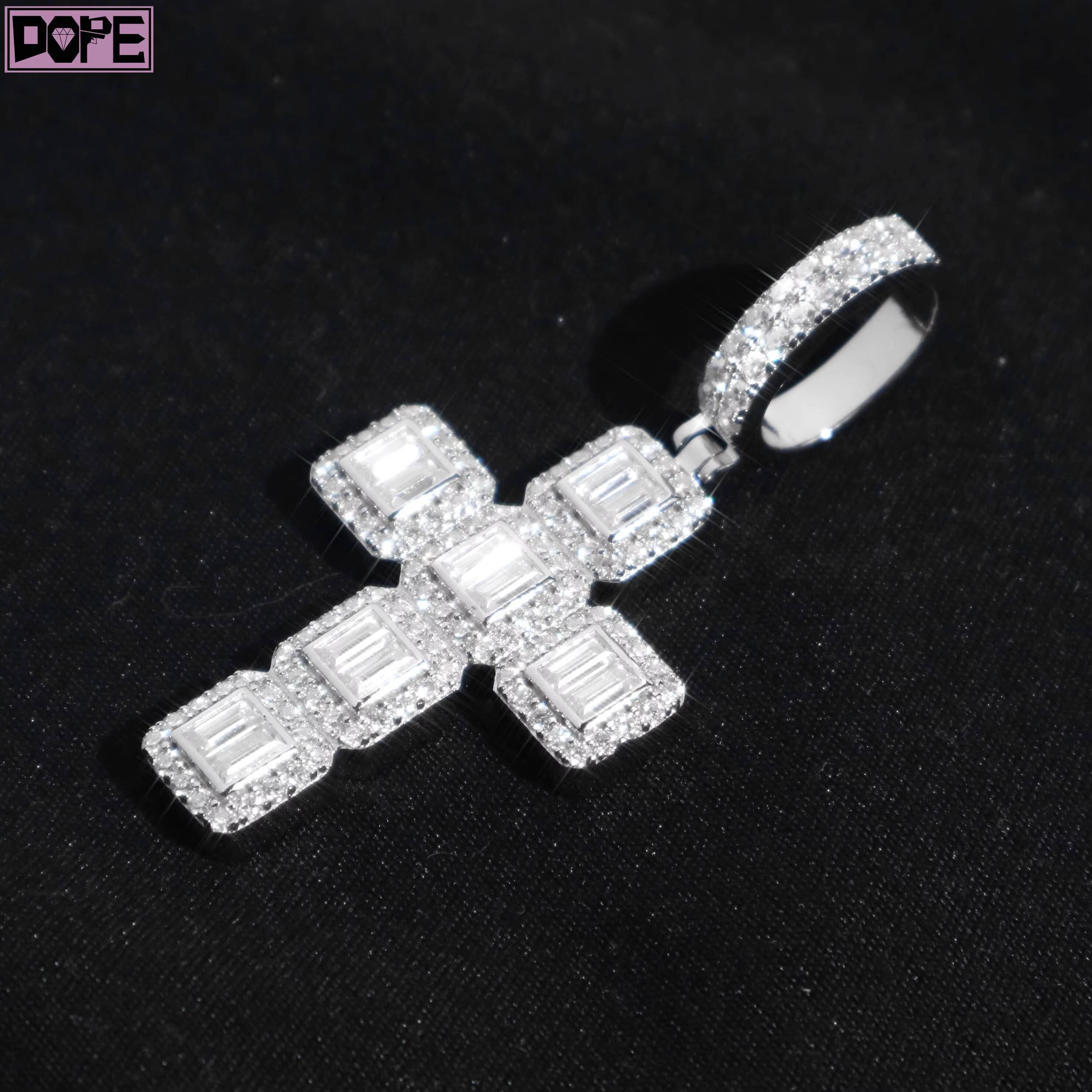 Moissanite Pendant Cluster 925 Silver Iced Out Hollow Back Small Cross Charm VVS Baguette Moissanite Pendant