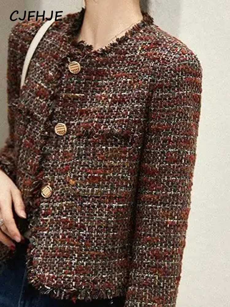 CJFHJE Oneck Tweed Fragrant Lady Coats Autumn Winter New Elegant Lady Outerwear Tops Tassel Single Breasted Women Woolen Jacket Z250918