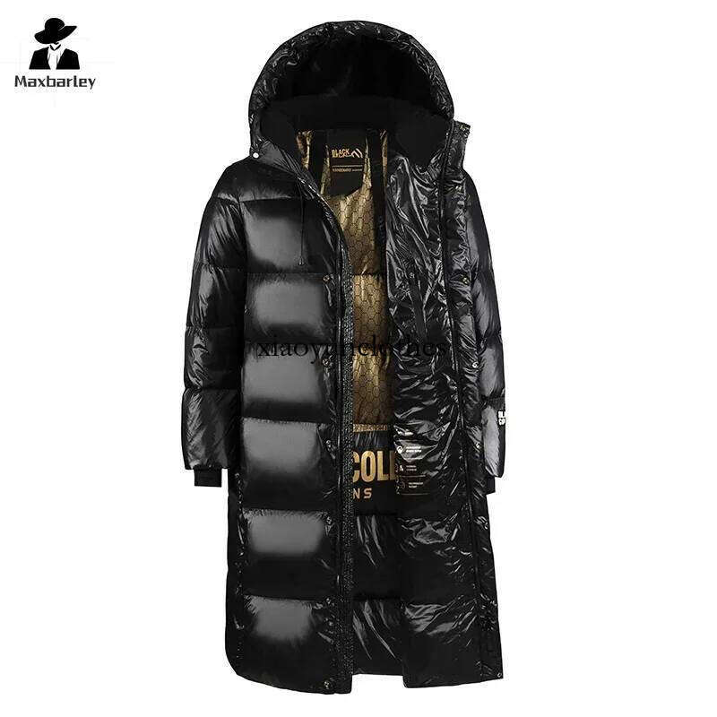 Men's Winter Hooded Jacket High-end Black Gold Glossy Ultra Light White Duck Down fashion Long Couple Warm Padded Coat
