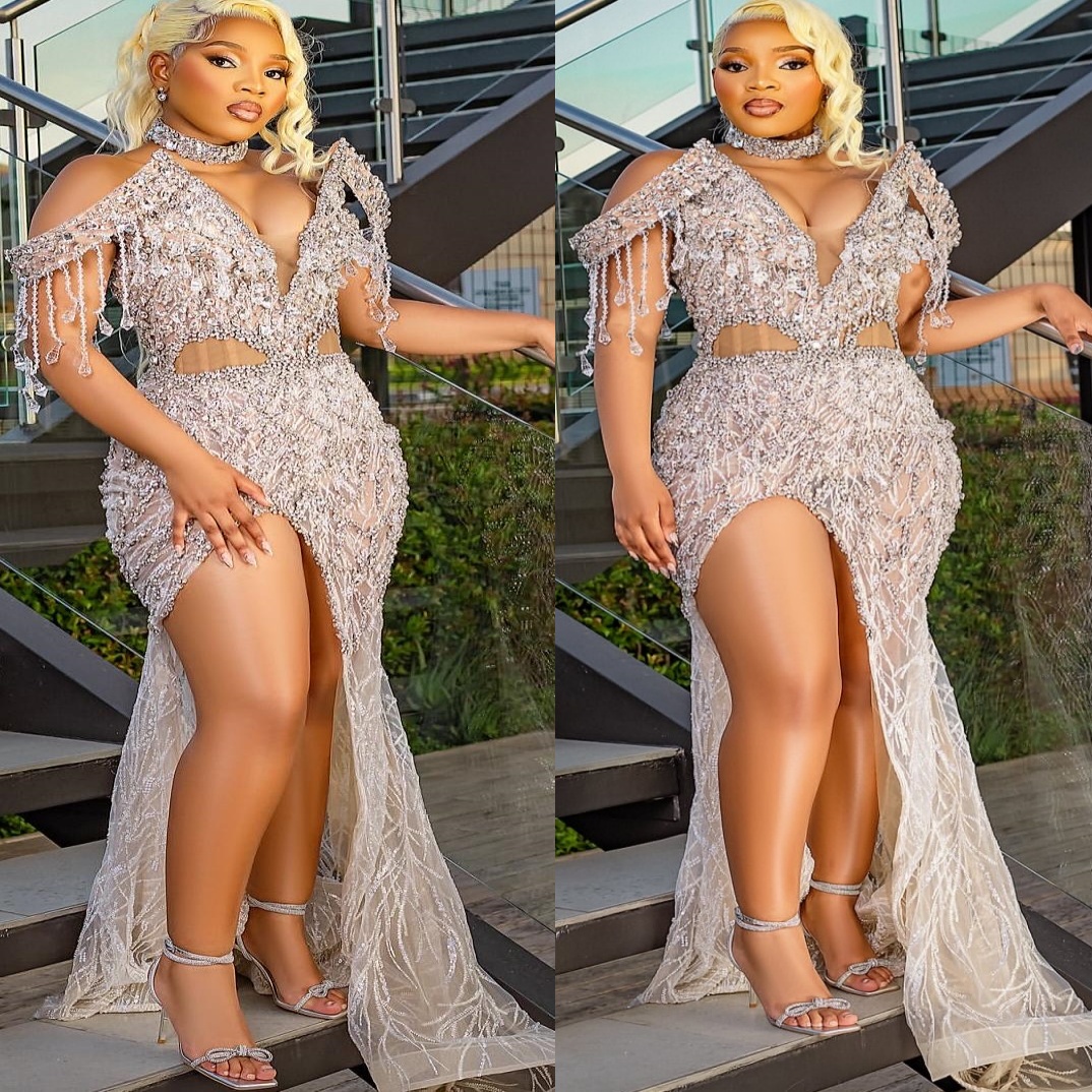 Mermaid Ivory Prom Dresses 2025 Beaded Crystals Lace See Through Evening Formal Party Second Birthday Engagement Gowns Plus Size Dress For Special Occ