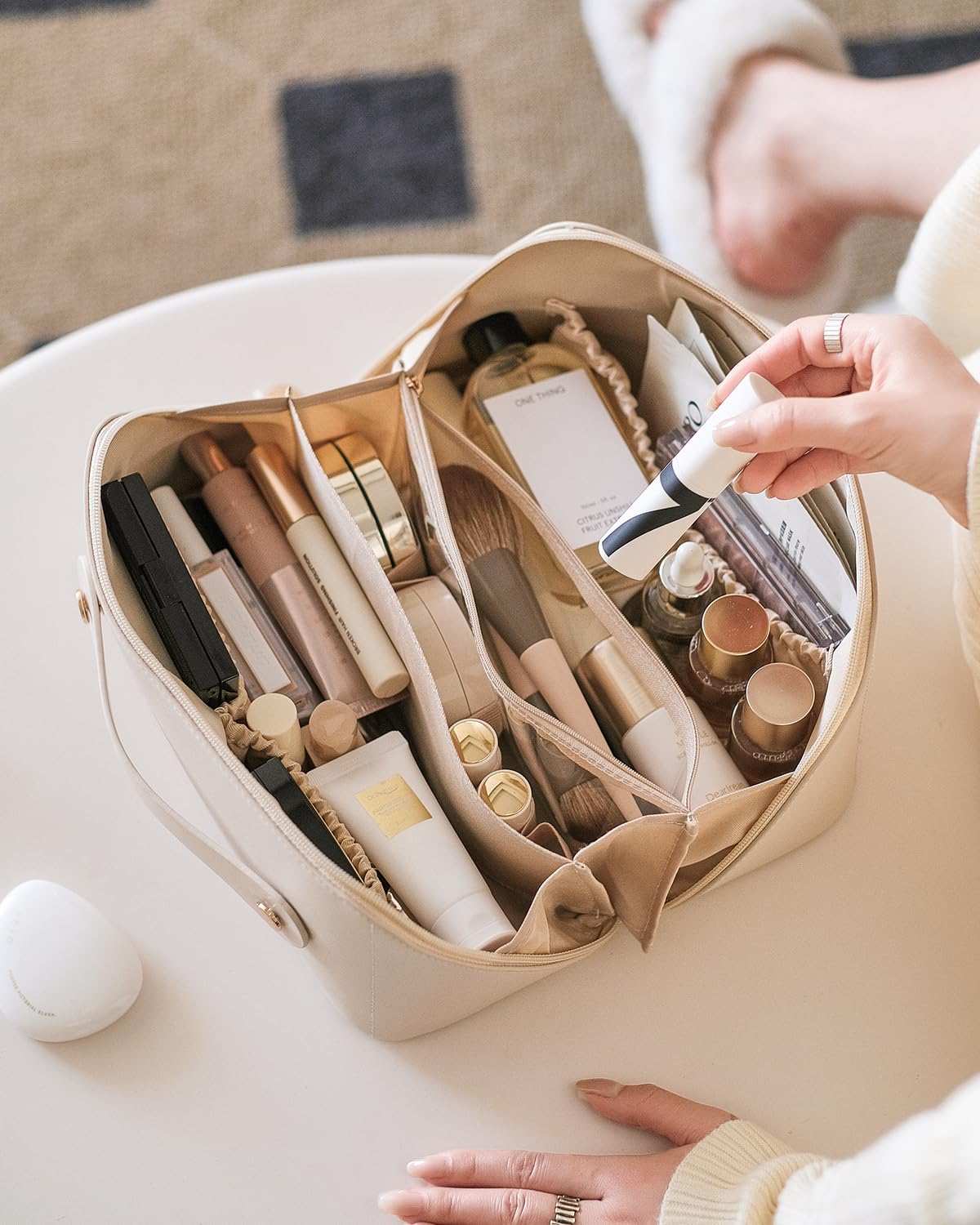 Spacious Waterproof Cosmetic Bag Flat Lay Design Cute Printed Women Travel Makeup Toiletry Bag