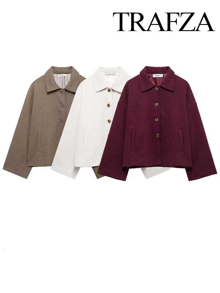TRAFZA Autumn Women Solid SingleBreasted Lapel Pocket Decorate Loose Jacket Woman Elegant Long Sleeves Casual Slim Short Coat Z250918