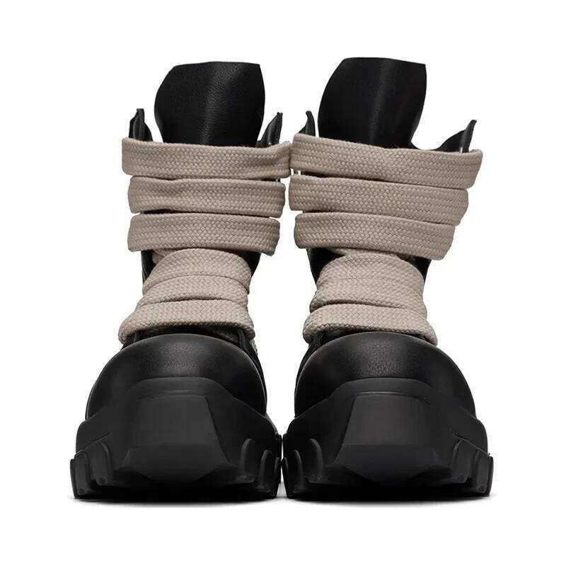 2025 Men's High Top Shoes Platform Sneakers Leather Jumbo Lace Up Chunky Sole Vintage Trendy Designer Black Boots