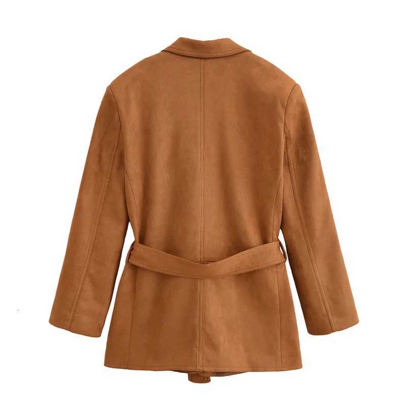 Womens Suede Jacket Solid TurnDown Collar Long Sleeve Coats Waistbelt Pockets Female 2025 New Autumn Fashion Casual Outwears Z250918