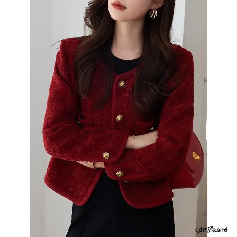 Vintage Tweed Jacket Women Autumn Red Single Breasted Short Coats Pockets Elegant Thickened Warm Female Lady Coat Mujer 240201 ddmyfriend