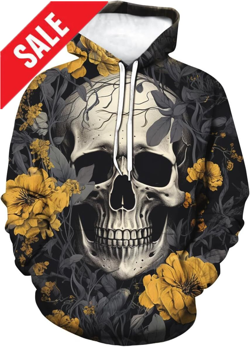 Halloween Hoodie for Mens Womens Rose Skull Graphic Hoodies Novelty 3D Printed Sweatshirts With Pocket Graphic Hoodies sweatshirt Pullover Long Sleeve