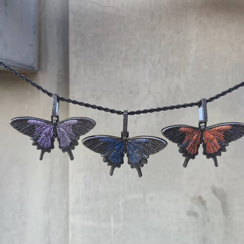Nuoya Custom Jewelry Iced Out Butterfly Pendant Necklace for Women Hip Hop Full Pave Colorful Moissanite Charm Pendant