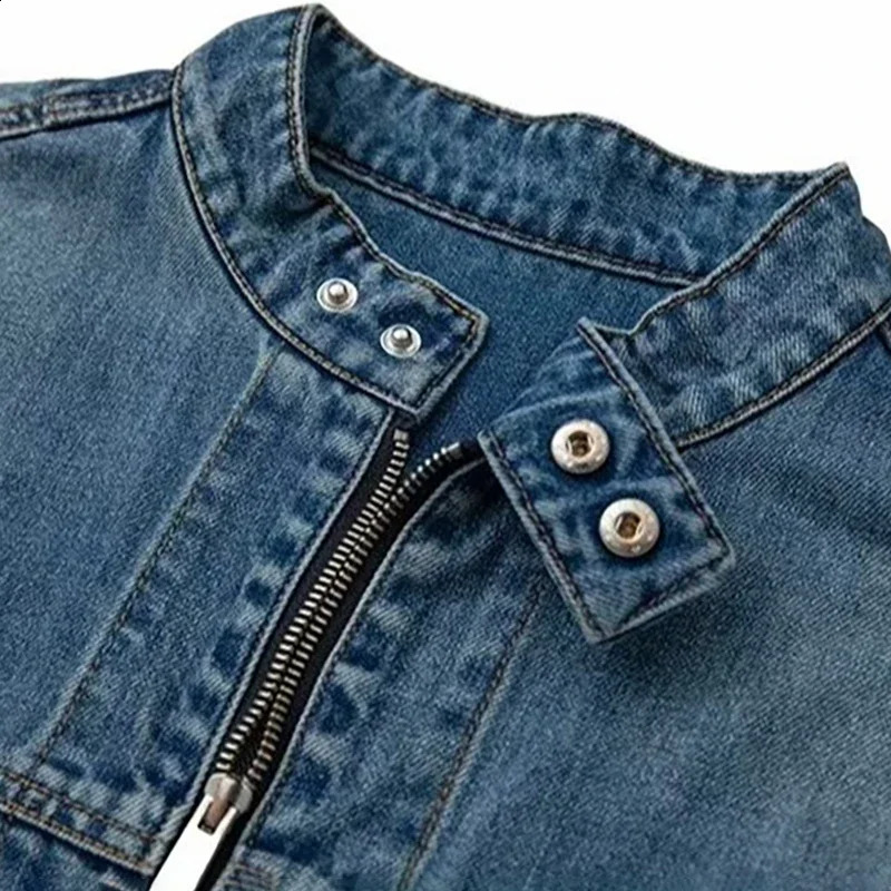 Retro Denim Jacket Autumn American High Street Washed Mens Stand Collar Cowboy Blue Jacket Fashion Jeans Outerwear Work Wear 250919