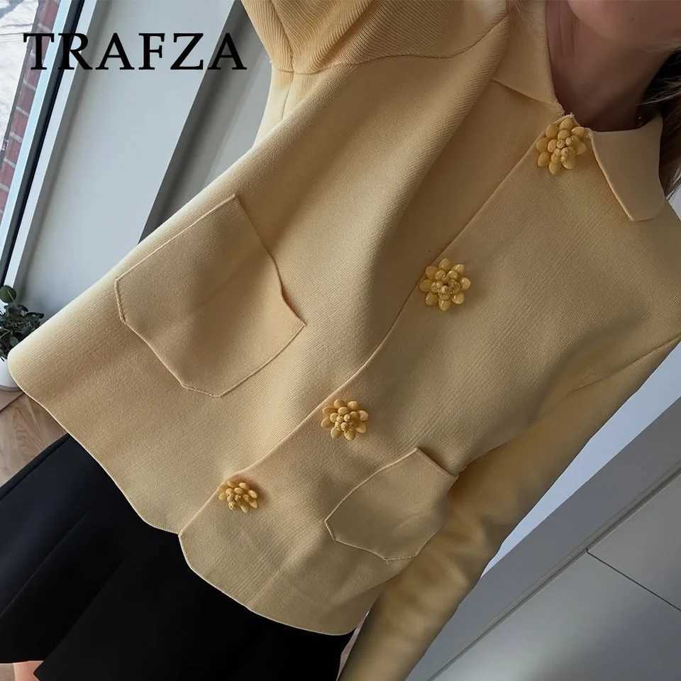 TRAFZA 2025 Fall Winter Butter Yellow Knitted Women Jackets Fashion Streetwear Turndown Collar Solid Button Straight Lady Coats Z250918